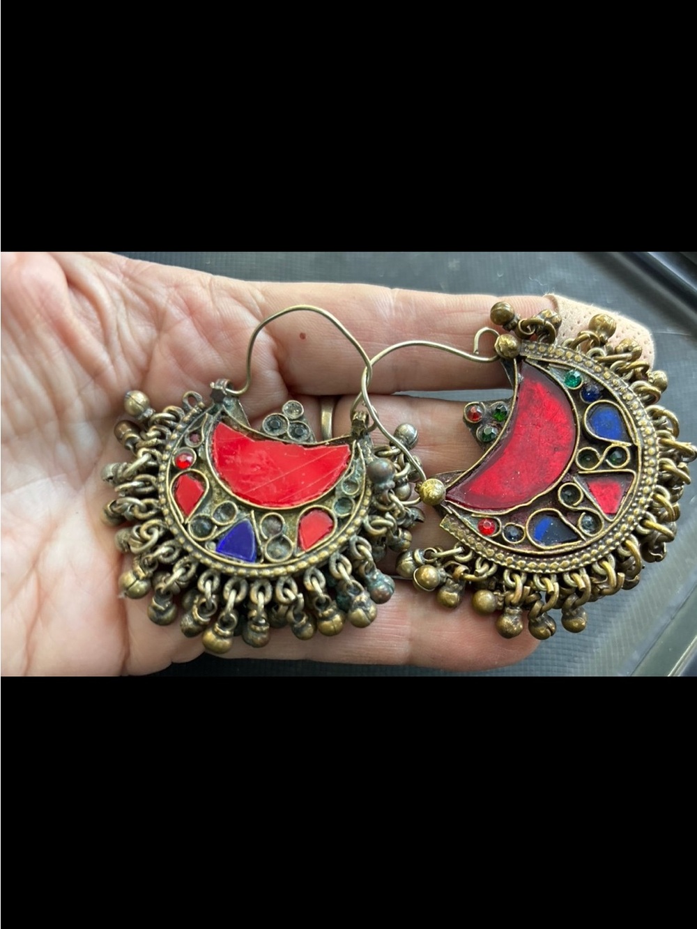 bohemian antique afghan Red Crescent Dangle Earrings